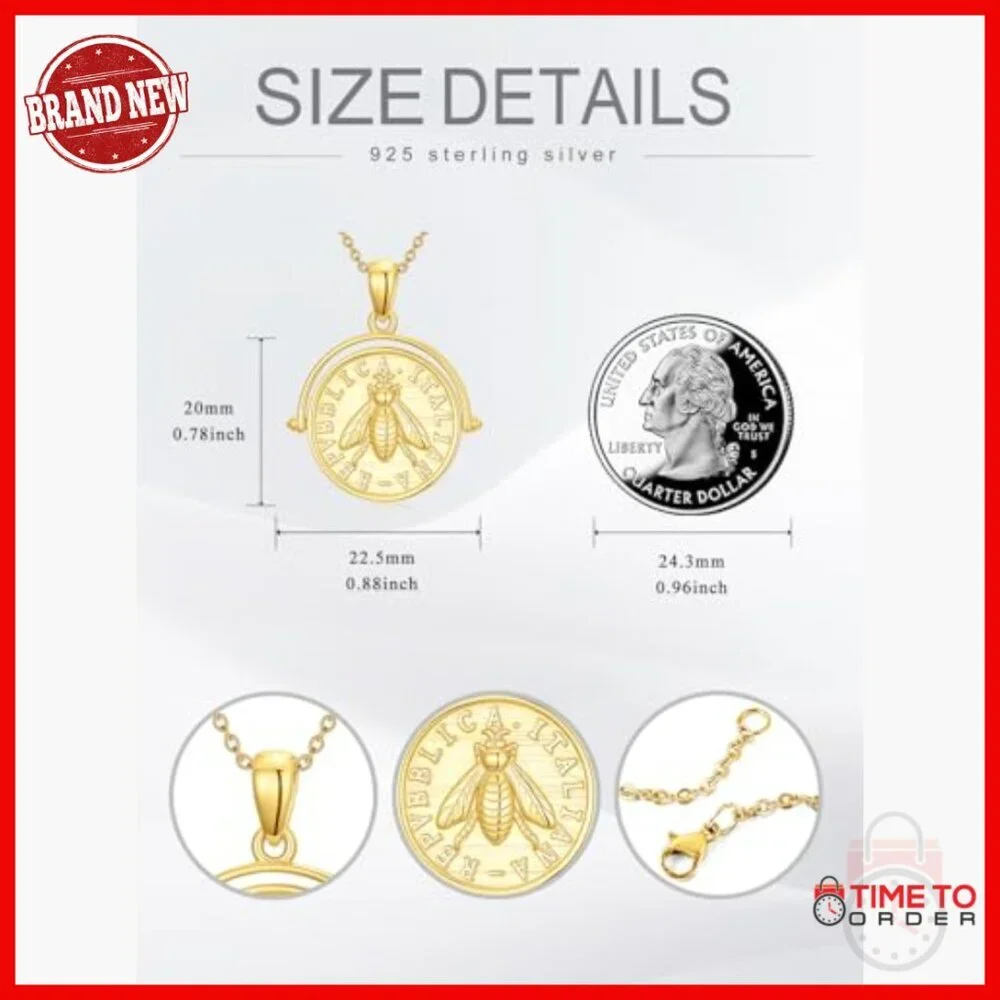 925 Sterling Silver Bee Coin Pendant Necklace Adjustable Chain Birthday Gift